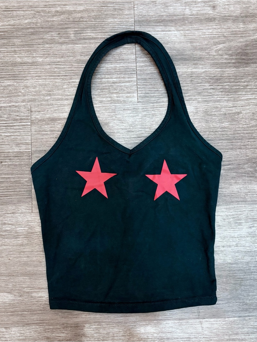 Black Halter Crop Top with Red Star Accents